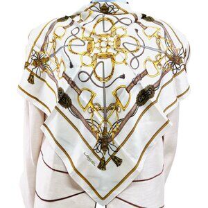 NewUnused Soft Silky Lancel Paris  scarf 100% silk  22" Ivery Gold Tassel (57)